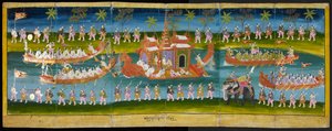 Parabaik resmi, su üzerinde kraliyet festivalini, Kraliyet Mavna alayını, Veya 16761, f. 35r (kağıt katlama kitabı) by Burmese School