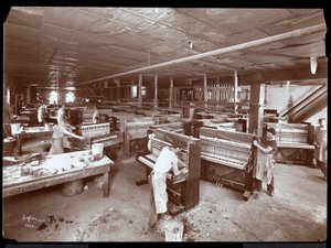 Men working in the Harrington Piano Co. factory, 1907 (silver gelatin print)
