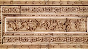 Bizans İmparatorluğu Sanatı: Savaş Sahnesi. Fildişi kabartmalı çoraplar. Bir kutunun üst kısmı (10. yüzyıl). Musée Cluny, Paris. by Byzantine