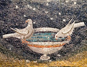 Bizans sanatı: “Çeşmeden su içen güvercinler” Mozaik detayı. 425 yakl. Galla Placidia Mozolesi (390-450), Roma imparatoru. Ravenna İtalya