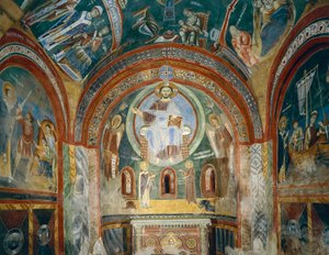 Bizans tarzında Romanesk fresklerle Aziz Eldrad ve Aziz Nikolaos Şapeli, Geç 11. yüzyıl, Novalesa Manastırı, Piedmont, İtalya by Byzantine