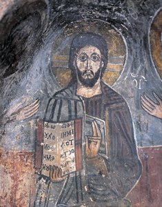 Bir pantokratörün freskinin yakın çekimi, Pantocrator İsa Mesih, Zoupena, Sparta, Peloponnesus, Yunanistan by Byzantine