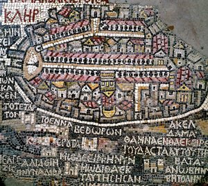 Bizans sanatı: Filistin'in en eski haritası. Kudüs'ü temsil eden detay. 6. yüzyıl mozaiği. Madaba, Aziz George Kilisesi by Byzantine School