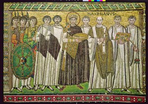 İmparator I. Justinian ve görevliler, muhafızlar ve din adamlarından oluşan maiyeti, MS 547 dolayları (mozaik)