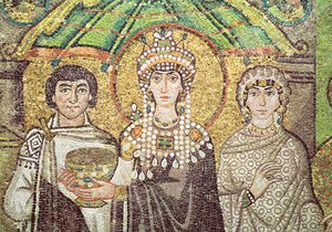 İki bakan ve yedi kadından oluşan sarayıyla İmparatoriçe Theodora, MS 547 dolayları (mozaik) (detay) by Byzantine School