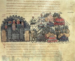 MMS Vitr. 26-7 Bizanslılar, Madrid Skylitzes'ten Messina'yı Kuşatıyor (parşömen) by Byzantine School