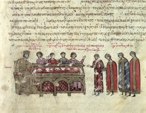 MMS Vitr. 26-7 Madrid Skylitzes'in (parşömen) III. Bölümünden imparator II. Michael (820-829) hakkında tahminler by Byzantine School