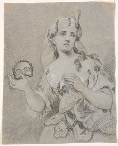 Türk kostümlü, elinde yarım maskeli genç bayan by C.A. Lorentzen