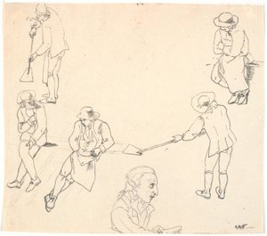 Altı erkek figürü, ikisi kürekli, üçü oturan ve bir erkek profili ile eskiz by C.D. Fritzsch