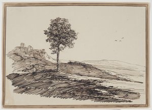 Arka planda ağaçlarla dolu dağ manzarası, evlerde by C.F. von Rumohr