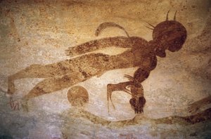 Yuvarlak başlı erkek tarzında insan figürü, mağara resmi, Tassili n