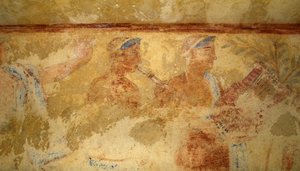 Müzisyenler, fresk, detay, Mavi Şeytanların Mezarı, Tarquinia Nekropolü (UNESCO Dünya Mirası Listesi, 2004), Lazio, İtalya. Etrüsk uygarlığı, MÖ 5. yy (fotoğraf) by J.B. and Brown J. Rowbotham