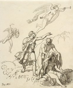 Alegorik kompozisyon; arka planda eşek kulaklı bir çift genç adam ve oturmuş çıplak bir kadın, Zaman ve Fauna geziniyor by Christoffer Wilhelm Eckersberg