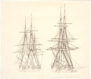 Bir korvet ve demirlemek için bir gemi. by Christoffer Wilhelm Eckersberg