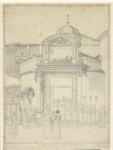 Kilise duruyor. Cosmos ve Sta. Damianlar (Romolus ve Remus Tapınağı) kilise kapısından çıkan alaylı keşişlerle. by Christoffer Wilhelm Eckersberg