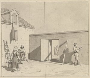 Resim sanatına uygulanan doğrusal perspektif - kullanılmayan illüstrasyonun taslağı - dört çiftçi ve zanaatkarla birlikte Danimarka avlusu. by Christoffer Wilhelm Eckersberg