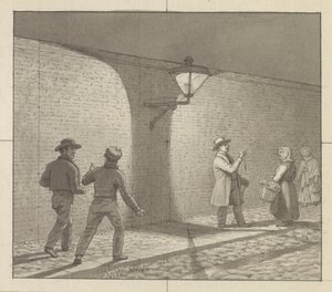 Resim sanatına uygulanan doğrusal perspektif, Levha VIII, şek. 1 - Sokak lambası altında gece trafiği. by Christoffer Wilhelm Eckersberg