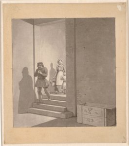 Merdivenlerden aşağı yürüyen adam, arka planda kadın ve çocuk by Christoffer Wilhelm Eckersberg