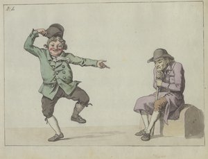 hiciv dergisi; bir adam zıplıyor ve oturmuş yaşlı bir adamı işaret ederken gülüyor by Christoffer Wilhelm Eckersberg