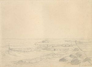 Kayalara bakan dalgaların ve bir iskelenin bulunduğu plaj alanı. by Christoffer Wilhelm Eckersberg