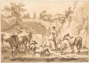 sürüsü ile dönen çoban by C. Dietrich (prentmaker) (possibly)