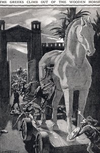 Yunanlılar Tahta Attan Tırmanıyor, 'Newnes' Resimli Bilgi Kitabı'ndan (lito) illüstrasyon by C. Dudley (after) Tennant