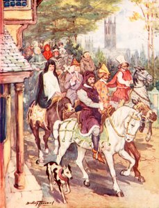 Hacılar ile Canterbury'ye giden Chaucer (renkli litho) by C. Dudley Tennant