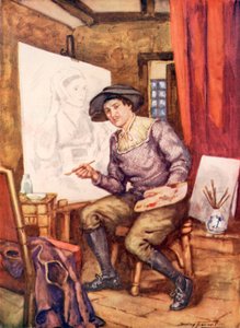 Hans Holbein stüdyosunda iş başında (renkli lito)