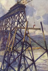 Kanada, Grand Trunk Pacific Demiryolunun Battle River Viyadüğü çeliğinin ayarlanması (renkli lito) by C. Dudley Tennant