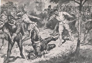 Amiral, ardından ekibiyle birlikte, Cassell, Londra tarafından yayınlanan 'British Battles on Land and Sea'den bir örnekle, Vera Cruz Muhafızlarına doğru koştu, yaklaşık 1910 (litho) by C. Dudley Tennant
