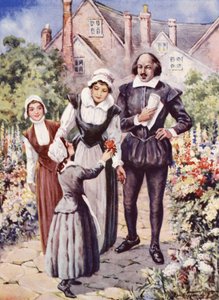 William Shakespeare, eşi ve iki kızıyla birlikte, New Place, Stratford-upon-Avon'daki bahçede (renkli lito)