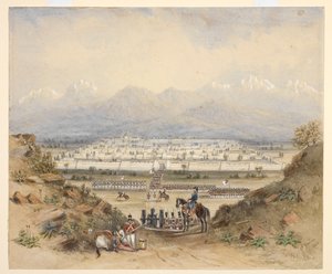 Dağlık bir ülkede surlarla çevrili bir kasabaya girmek üzere olan genel bir süvari ve piyade, belki de Kandahar (N.W.F.P.). 1843, daha önceki bir eskizden sonra. by C. Graham