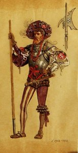 Bir Armored Courtier, Manchester Princes Theatre'da R.Courtneidge tarafından üretilen As You Like It için kostüm tasarımı by C. Wilhelm