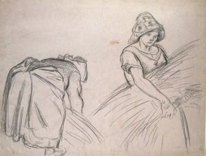 İki Kadın Biçerdöver Çalışması, 1882 (pembe kağıt üzerine siyah tebeşir ve beyaz) by Camille Jacob Pissarro