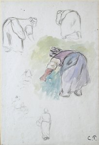 Çalışma sayfası: bir kadın köylünün bükülmesiyle ilgili dört çalışma ve bir bas tutan bir kadınla ilgili iki çalışma by Camille Pissarro