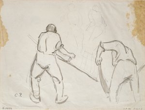 Bir erkek hasat makinesinin üç çalışması, c1870s by Camille Pissarro