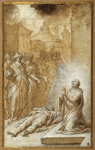 Ölü bir adamın vücudu tarafından dua eden kadın aziz (kahverengi yıkama ve kabartma ile ince kalem ve kahverengi mürekkep) by Camillo Procaccini