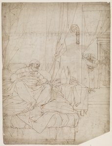 Yatalak Papa yan odada konuşan adamları dinliyor by Camillo Procaccini