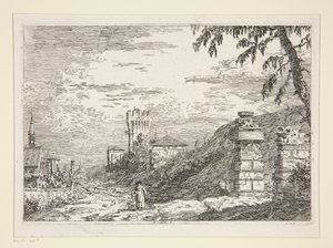 Kule ve İki Yıkık Sütunlu Manzara, Vedute (Görüntüler) serisinden by Canaletto (Giovanni Antonio Canal)