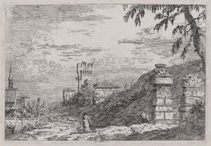 Kule ve İki Harap Sütunlu Manzara, Vedute (Görüntüler) serisinden by Canaletto (Giovanni Antonio Canal)