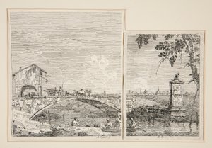 Köprüden Geçen Vagon [ve] Küçük Anıt (Bir Ağacın Altında), Vedute (Görüntüler) dizisinden by Canaletto (Giovanni Antonio Canal)