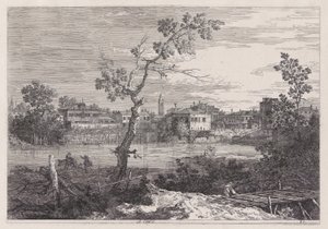 Vedute (Görüntüler) dizisinden Nehir Kıyısındaki Bir Kasabanın Görünümü by Canaletto (Giovanni Antonio Canal)