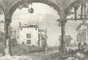 Merkezde asılı açık bir fener, bir zafer takı ve harabeye sahip üç kemerli bir revak..., 1735-46. by Canaletto