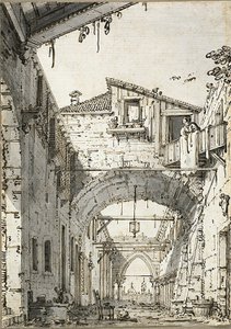 Capriccio: Kemerlerin Geçtiği Bir Sokak (recto) Kapı Girişi, Merdiven ve Binanın İkinci Kat Eskizleri(verso) by Canaletto