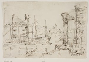 Bir rıhtımda klasik kalıntılar, bir kayıkhane, iki kadırga, arkalarında iki yelkenli gemi direği, arka planda kubbeli bir kilise ile Capriccio by Canaletto