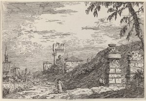 Kule ve İki Yıkılmış Sütunlu Manzara by Canaletto