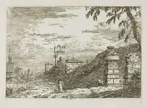 Kule ve İki Yıkık Sütunlu Manzara, Vedute'den by Canaletto