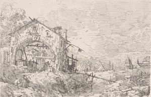 Solda pasajın altındaki kuyudan su çeken kadın, sağda manzara, 1..., 1717-68. by Canaletto