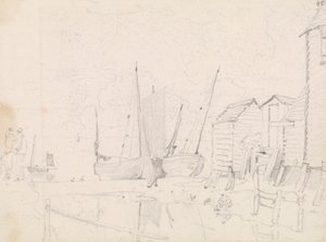 Hastings, Karaya Vurulmuş Yelkenliler ve Tepedeki Kulübelerin Taslağı by Capt. Thomas Hastings