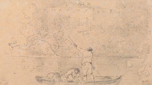 Kayıktaki İki Adam ve Kıyıdaki Bir Ev Taslağı by Capt. Thomas Hastings